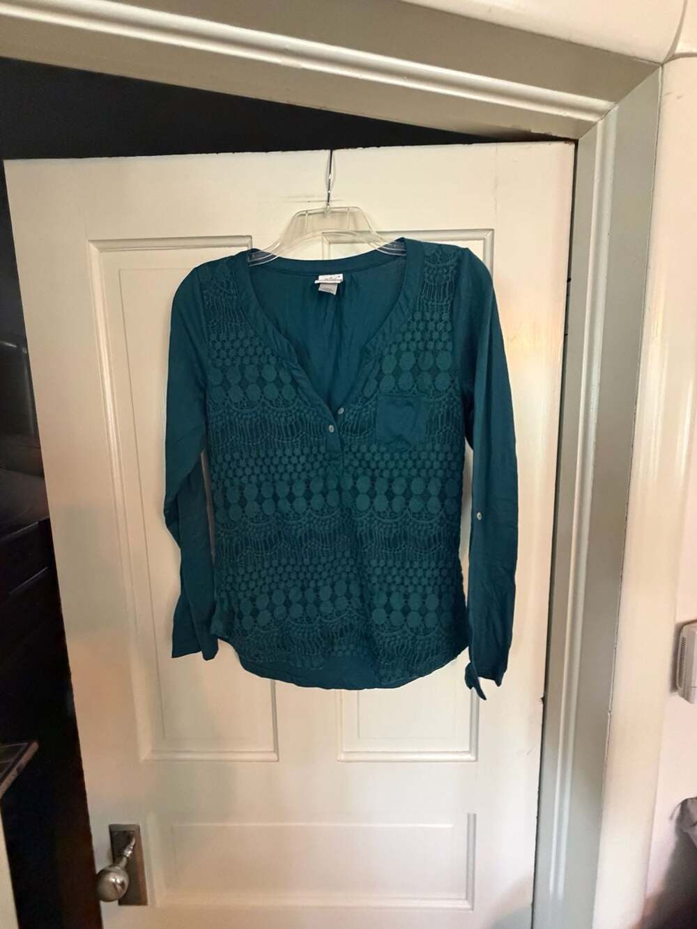Self Esteem Teal Long Sleeve Henley Top with Lace Overlay